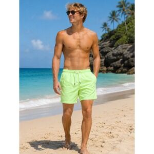 Union Mens Swim Trunks‎ Neon Lime Green Elastic Drawstring Mesh Lined Shorts M